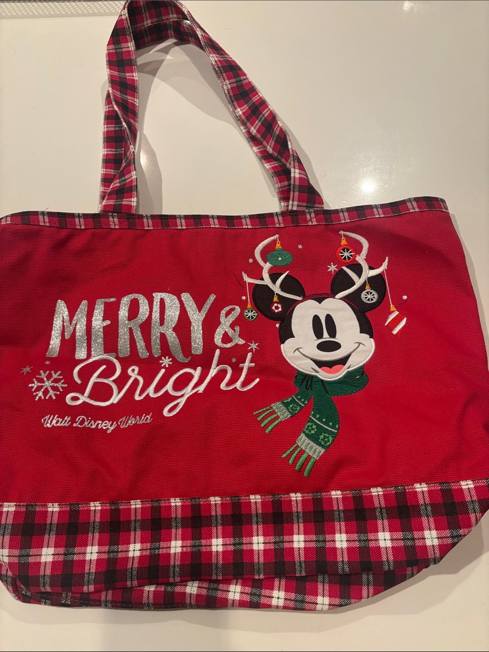 Disney Red Merry & Bright Mickey Tote with Plaid Trim